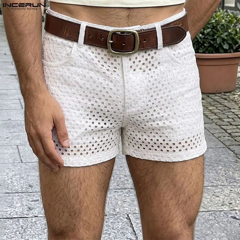 INCERUN Men's Shorts Solid Color Button Hollow Out Mesh See Through Men Bottoms Summer Streetwear Fashion Casual Shorts For Man