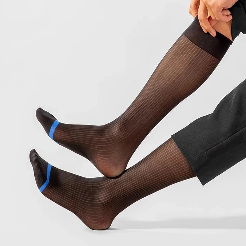 7 Pairs Man Short Silk Socks Business Thin Nylon Striped Breathable Soft Elastic Below Knee Calf Formal Wear Crew Sock Gentleman