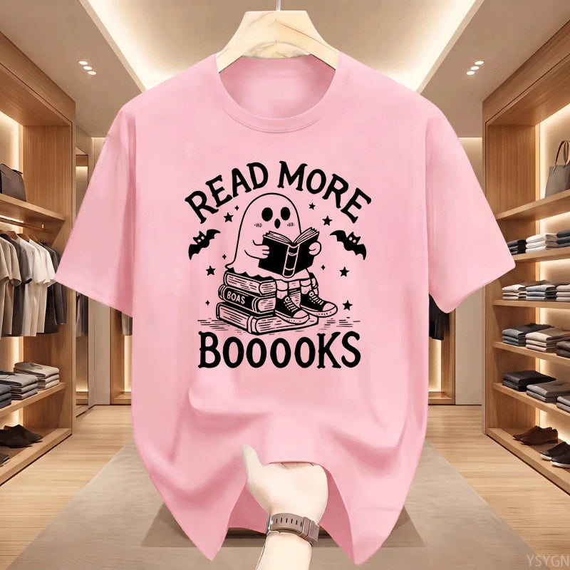 Read More Booooooks Ghost Book Lover T‑Shirt Cute Ghost Reading Book Stack Bat Star Spooky Halloween Bookworm Pun Quote Tops Tee