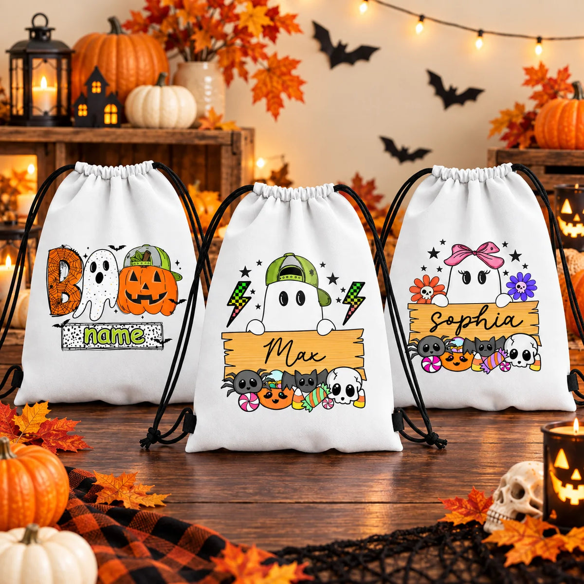 Custom Name Halloween Drawstring Backpack Cute Ghost Pumpkin Candy Bag Kids Trick Or Treat Sack Halloween Gift for Boys Girls