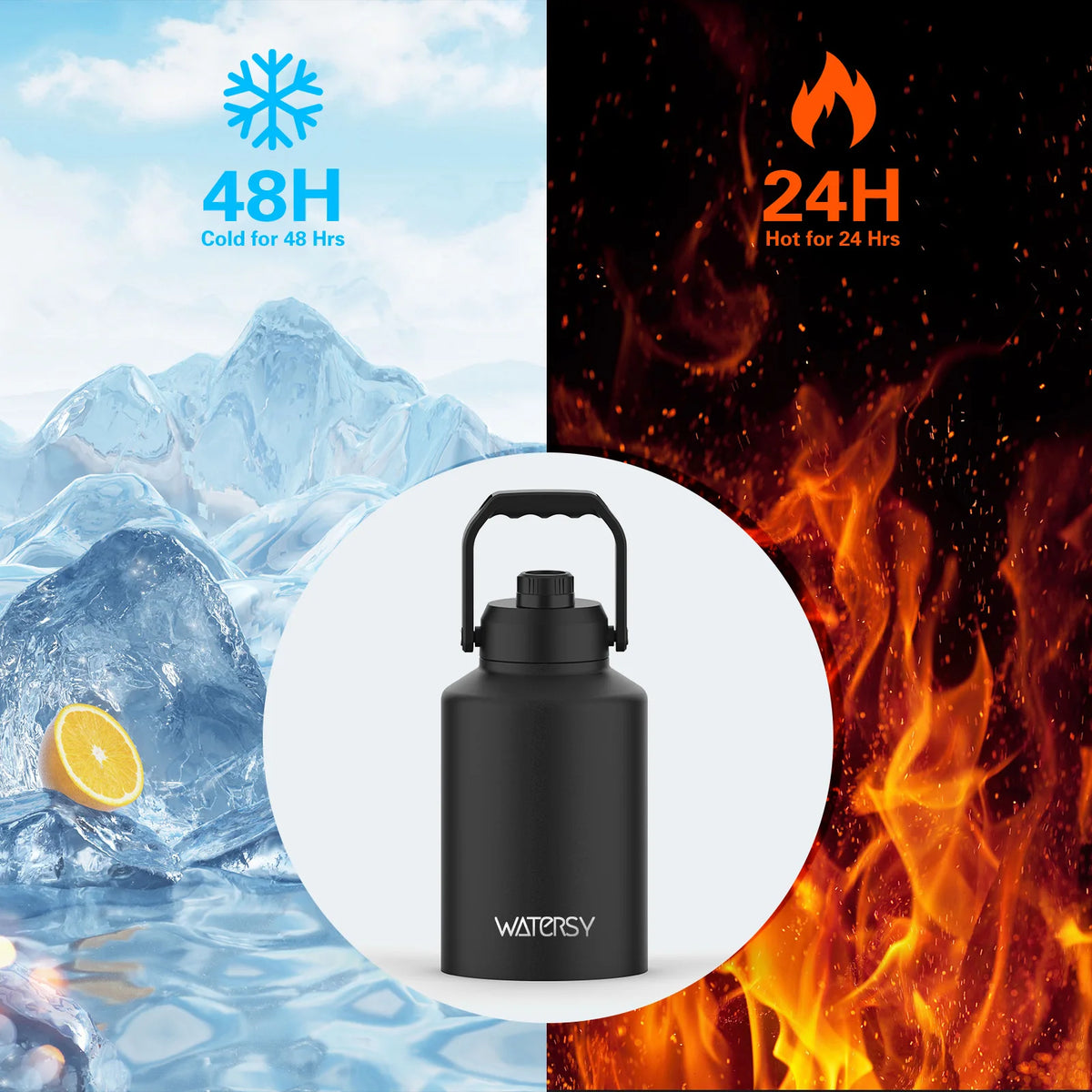 WATERSY 64/87/128oz Large Capacity Insulated Water Bottle Stainless Steel Thermal with Lift Hands Outdoor Camping Vacuum Flask