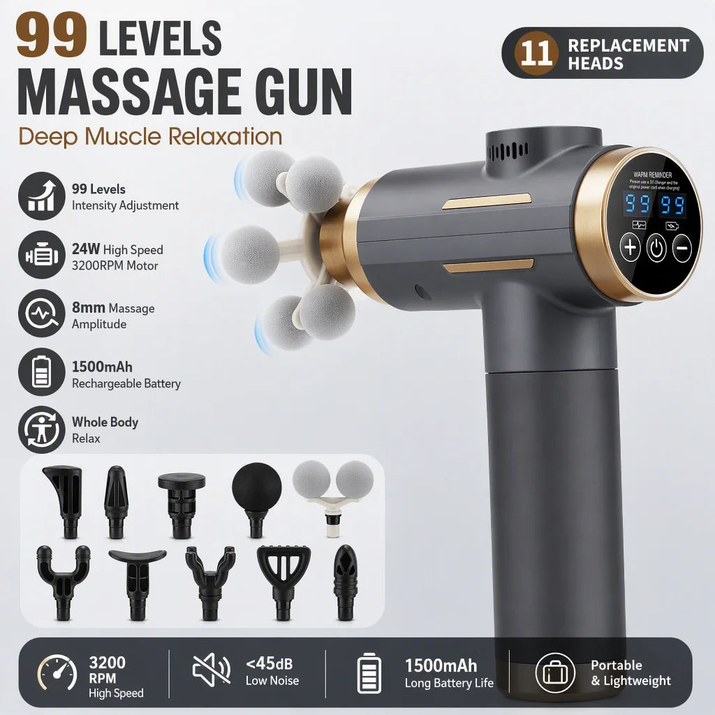 11-IN-1 Electric Massage Gun 99 Level Powerful Fascia Gun High-Frequency Vibration Body Massage Gun Arms Leg Muscle Masajeador