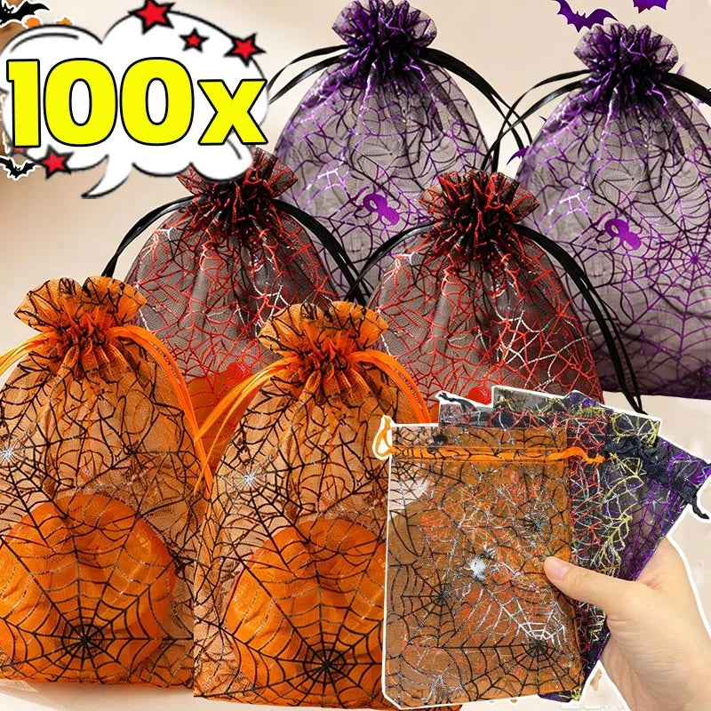 10/100pcs Halloween Candy Gift Bag Mesh Drawstring Spider Web Printing Storage Pouch Home Festival Party DIY Horror Decor Bag