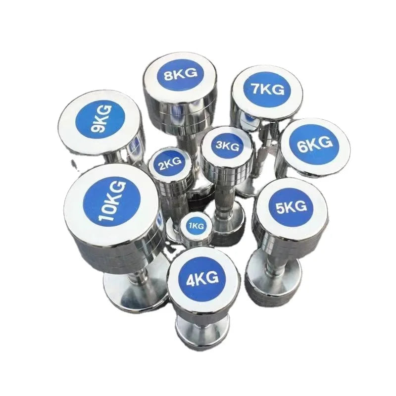 Customized Electroplating Stainless Steel Round Chromed Dumbbell Set Lifting Weights Gym Equipment 1-10KG Dumbbell