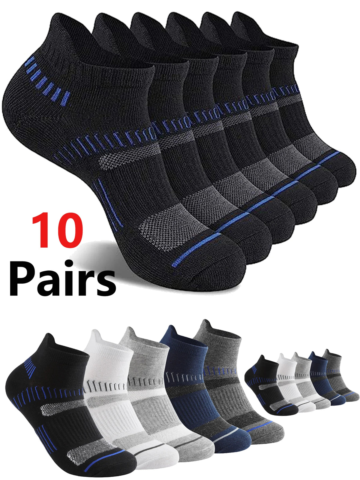 10 Pairs Men's Cotton Short Sports Socks Elastic Mesh Breathable Fabric Sweat Absorbing Socks for Running Basketball & Cycling