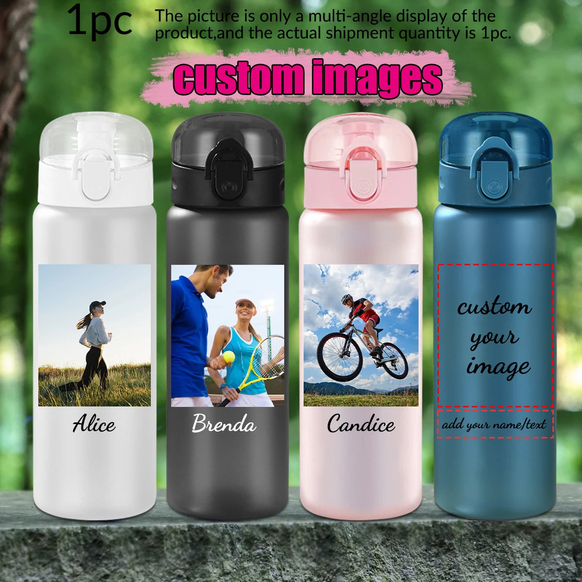 1pc Customized Sports Water Bottle, Photo&text, 780ml/26oz Outdoor Travel Leakproof Plastic Water Bottle with Rope
