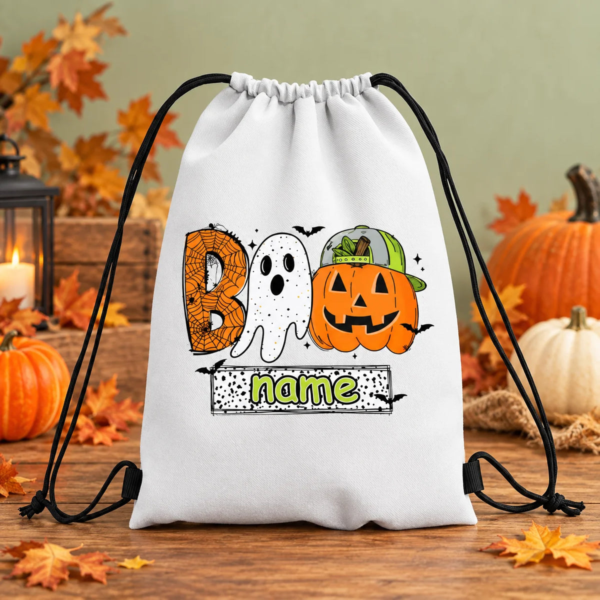 Custom Name Halloween Drawstring Backpack Cute Ghost Pumpkin Candy Bag Kids Trick Or Treat Sack Halloween Gift for Boys Girls