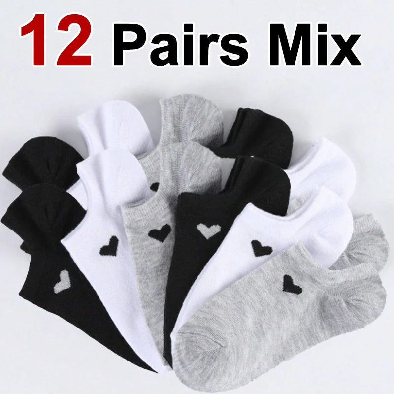 6/12 Pairs Solid Color Heart-Shaped Printed Women Short Socks Summer Breathable Soft Comfortable Simple Style Casual Socks