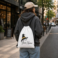 Custom Name Minimalist Witch Hat Drawstring Backpack,Halloween Black Wizard Hat Yellow Band Print Lightweight String Storage Bag
