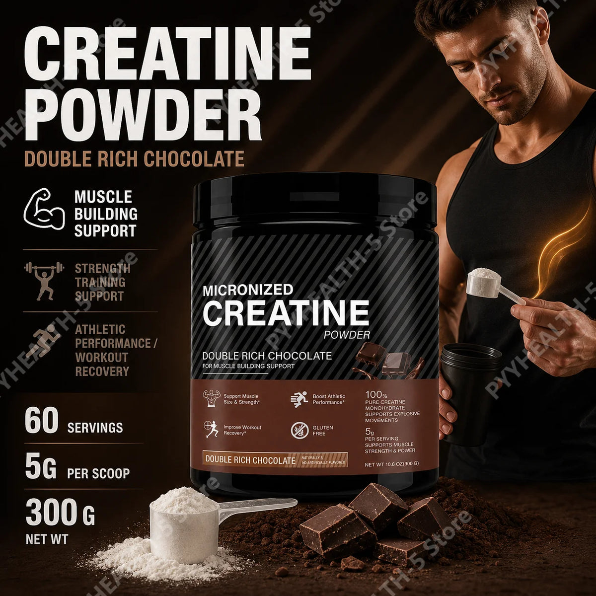 Creatine Monohydrate Powder 10.6 OZ Chocolate Flavor Sports Nutrition Support Athletic Performance Post‑Workout Muscle Recovery