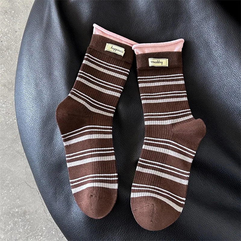 5 Pairs Women's Socks Pack High-quality Pile Socks For Girl Korean Striped Simple Fashionable Versatile Sweet Middle Tube Socks