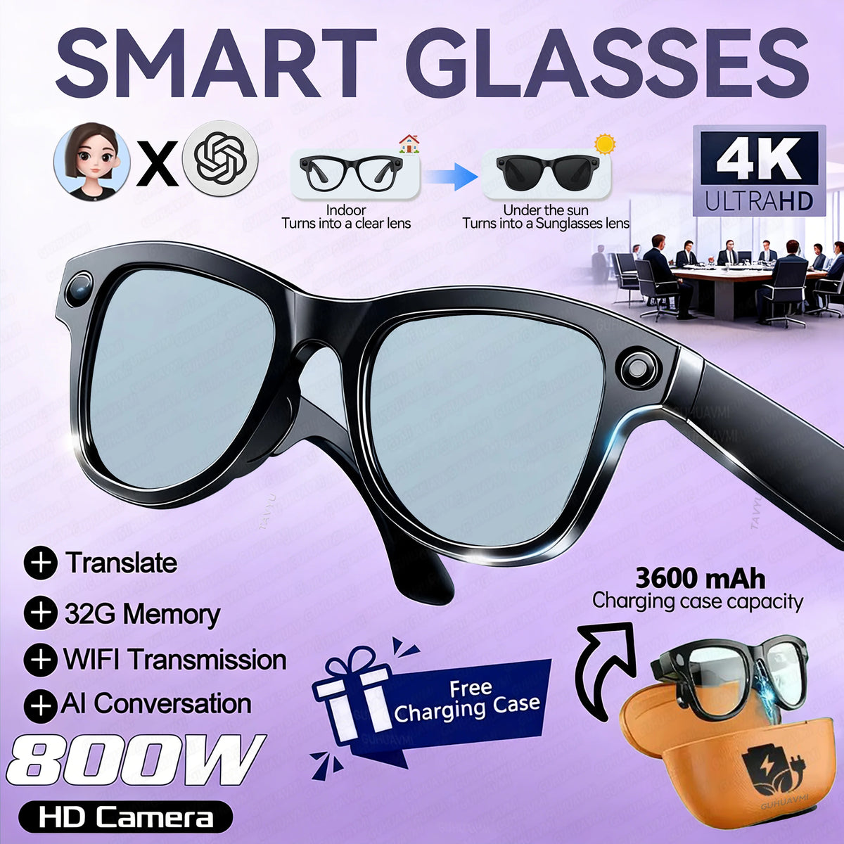 2026 New 800W Camera 3600mAh Portable Charger Smart Glasses 100+language Translation Bluetooth Call Music Player AI Chat Glasses