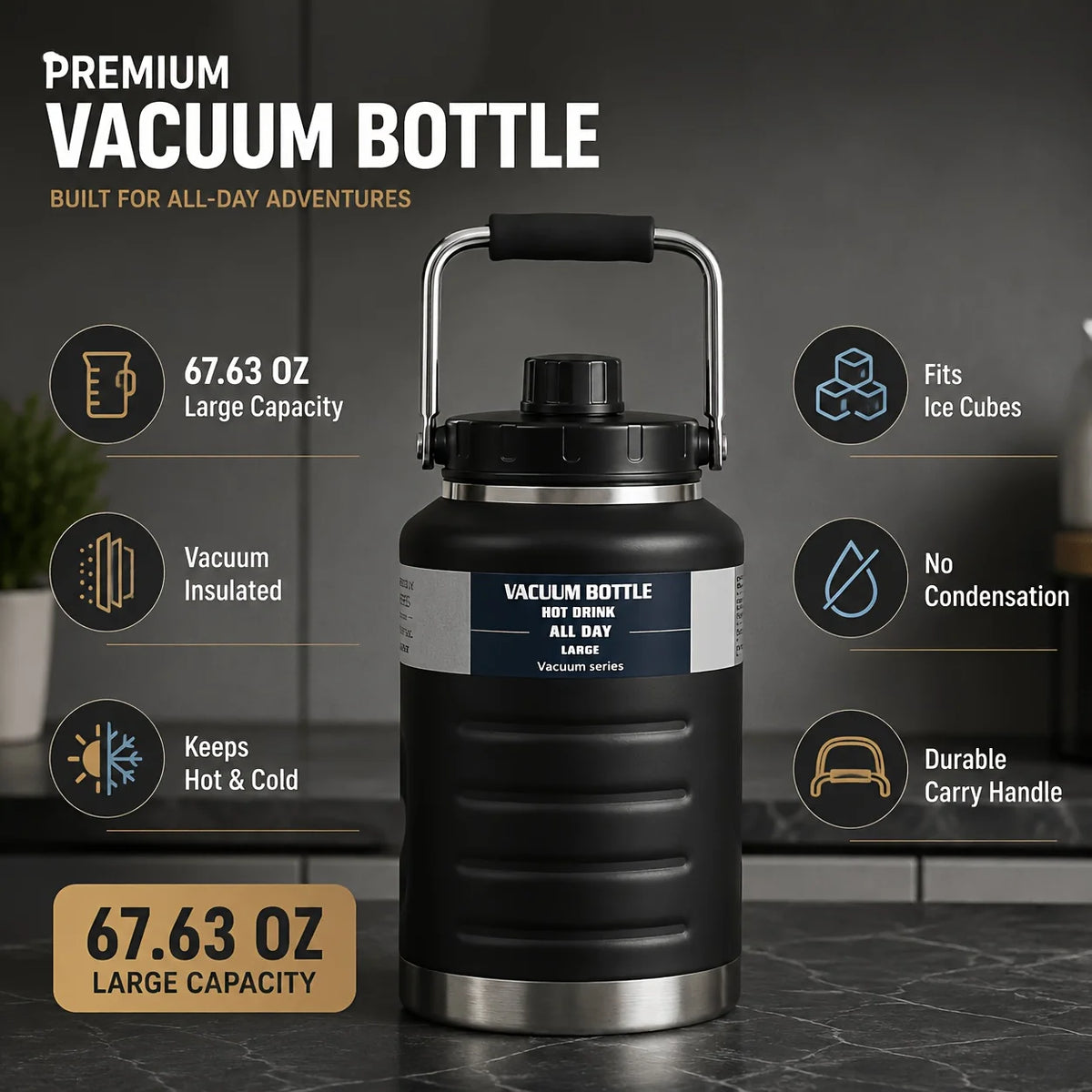 68oz Vacuum Insulated Water Bottle With Magnetic Lid - 304 Stainless Steel Half Gallon Water Jug - Double Wall No-Sweat Sports Flask For Camping, Hiking & Gym - Keeps Cold & Hot - Durable Leakproof Metal Canteen