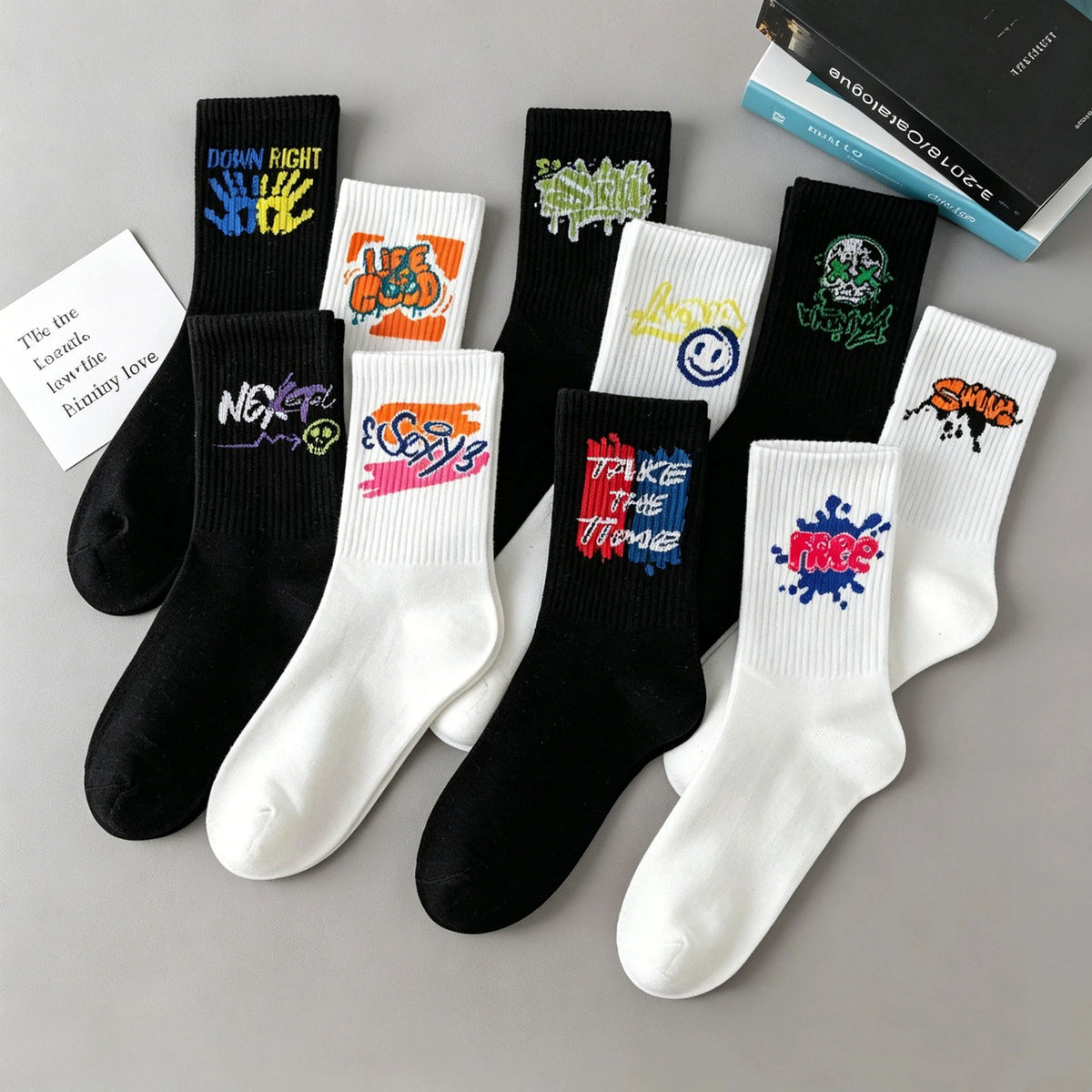 5/10/20 Double Random Graffiti Printed Men's and Women's Sports Socks Fun Cool Hip Hop Street Style Multi Color Letter Socks