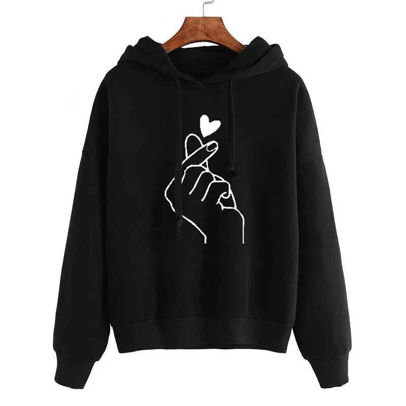 Plus Size Fleece Hoodie Solid Color Finger Heart Hooded Korean Fashion Sweatshirts Long Sleeve Drawstring Pockets Loose Hoodies