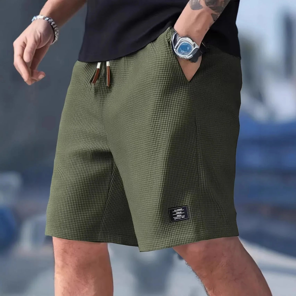 2026 Summer Men's Waffle Texture Casual Sports Beach Shorts Quick Dry Trendy Breathable Bermuda Shorts Streetwear  ﻿