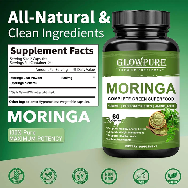 Pure Moringa Capsules - Energy, Skin, Immune & Gut Health Superfood, Rich in Antioxidants, Essential Vitamins & Amino Acids