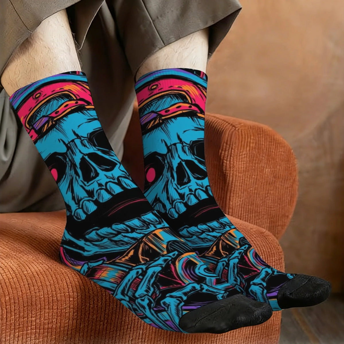 1 Pair Horror-themed Skull Print Men's Socks Stylish Hip-hop Cool Funny Harajuku Style Socks Non-slip Soft Skin-friendly Socks