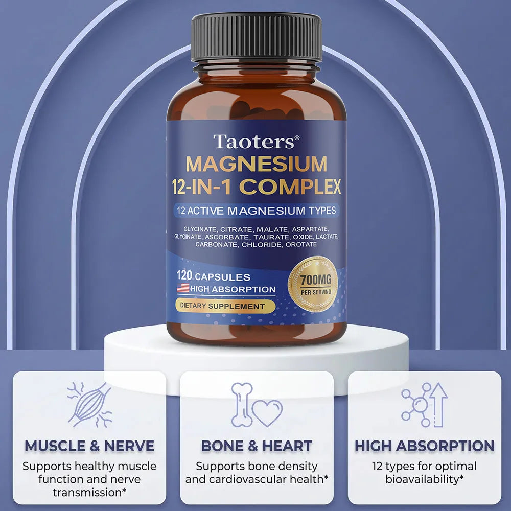 Magnesium 12-in-1 Complex Supplement – 700mg High Absorption Glycinate, Citrate, Malate & Taurate Blend for Muscle, Nerve, Sleep