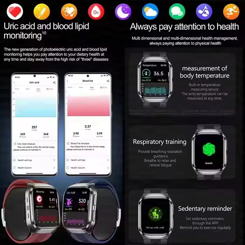 2026 New Upgrade AI Diagnostic Airbag Precise Blood Pressure Health SmartWatch Uric Acid ECG Blood Lipids Smartwatch Men Women