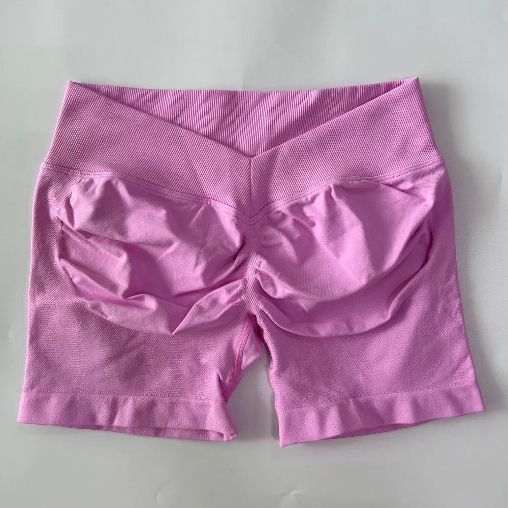 No Logo Women Back V Waist Yoga Shorts High Elastic Seamless Flex Scrunch Bum Workout Gym Shorts Yoga Booty Running Short Pants