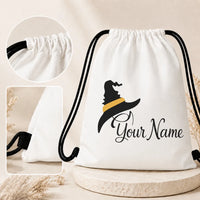 Custom Name Minimalist Witch Hat Drawstring Backpack,Halloween Black Wizard Hat Yellow Band Print Lightweight String Storage Bag