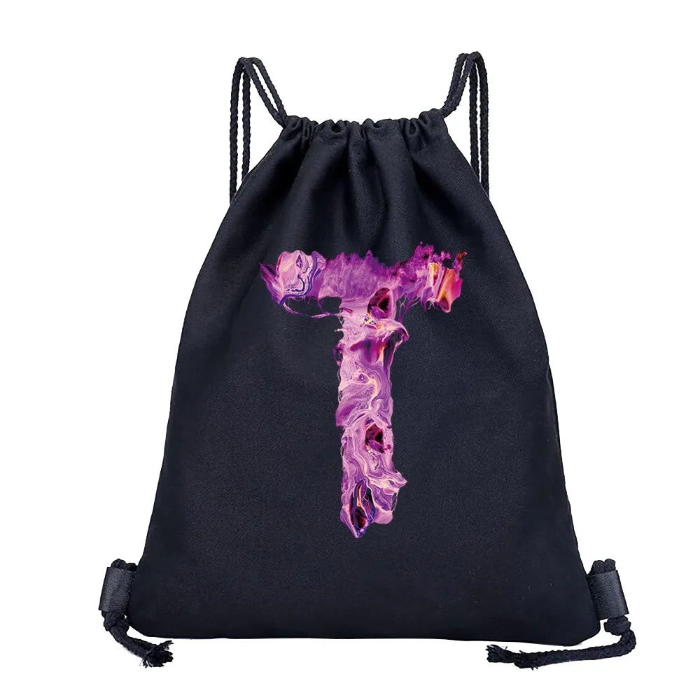 26 Initials Print Drawstring Bag Backpack Men and Women Beach Sports Travel Backpack Kid Gift Supplies Bag Portable Sundries Bag