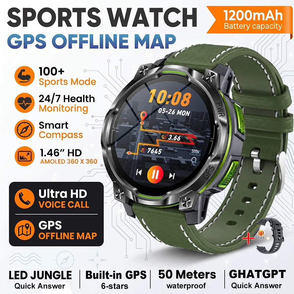 New Technology 2026 Offline Map GPS Smart Watch Men 1200mAh Battery Waterproof Compass Altimeter 100+Sports Military Smart Watch