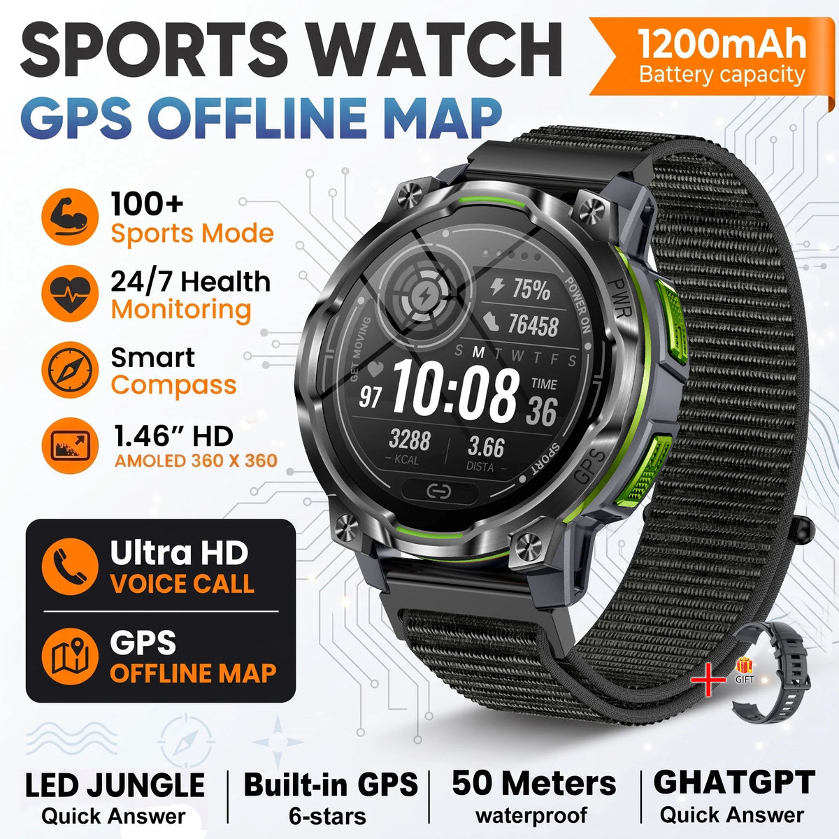 New Technology 2026 Offline Map GPS Smart Watch Men 1200mAh Battery Waterproof Compass Altimeter 100+Sports Military Smart Watch