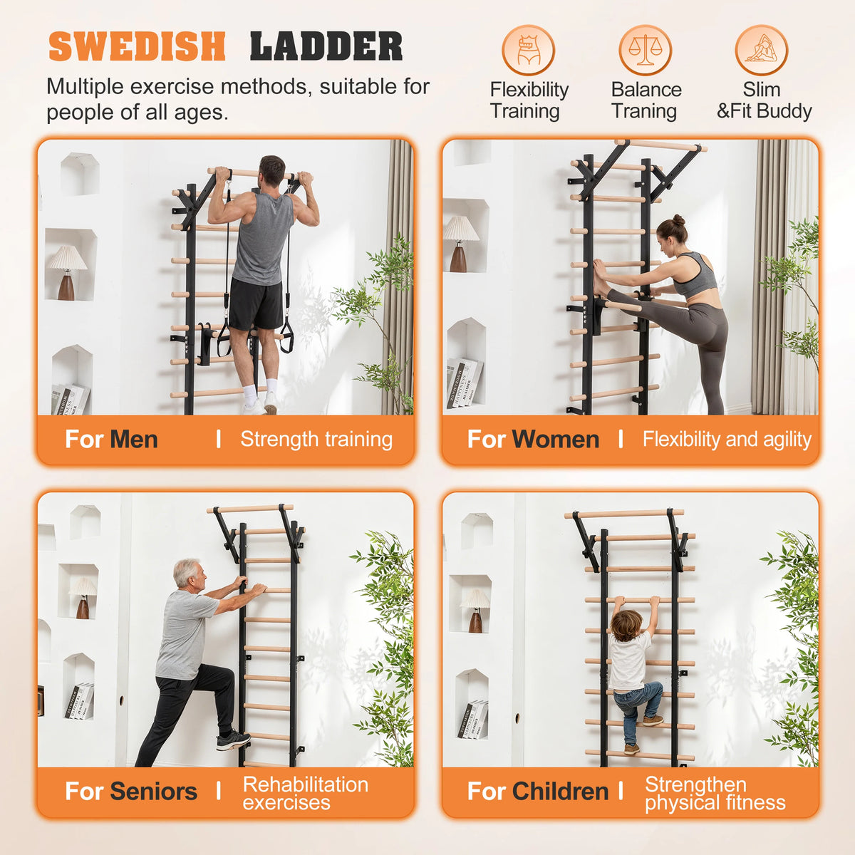 Home Gym Stall Bars Swedish Ladder, Wall Mounted Steel Frame Gym Wall Bars with Pull-Up Station & Dip Bars, Training Ladder for Stretching, Calisthenics and Physical Therapy