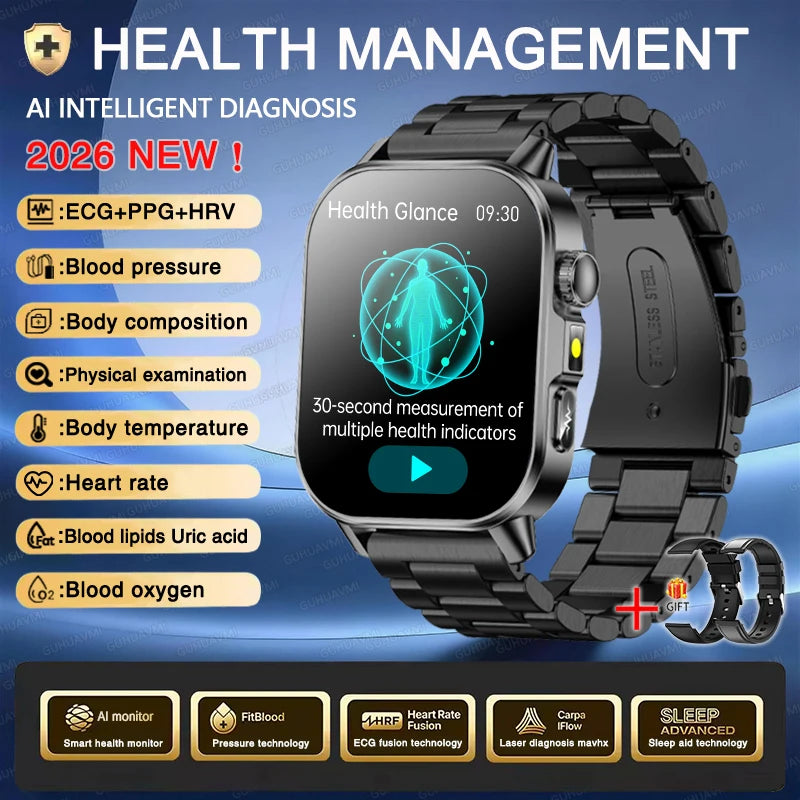 Nursing Grade New ECG+PPG Three High Diagnose Smart Watch Men Blood Lipid Blood Pressure Uric Acid Health Tracker HD Call Watche
