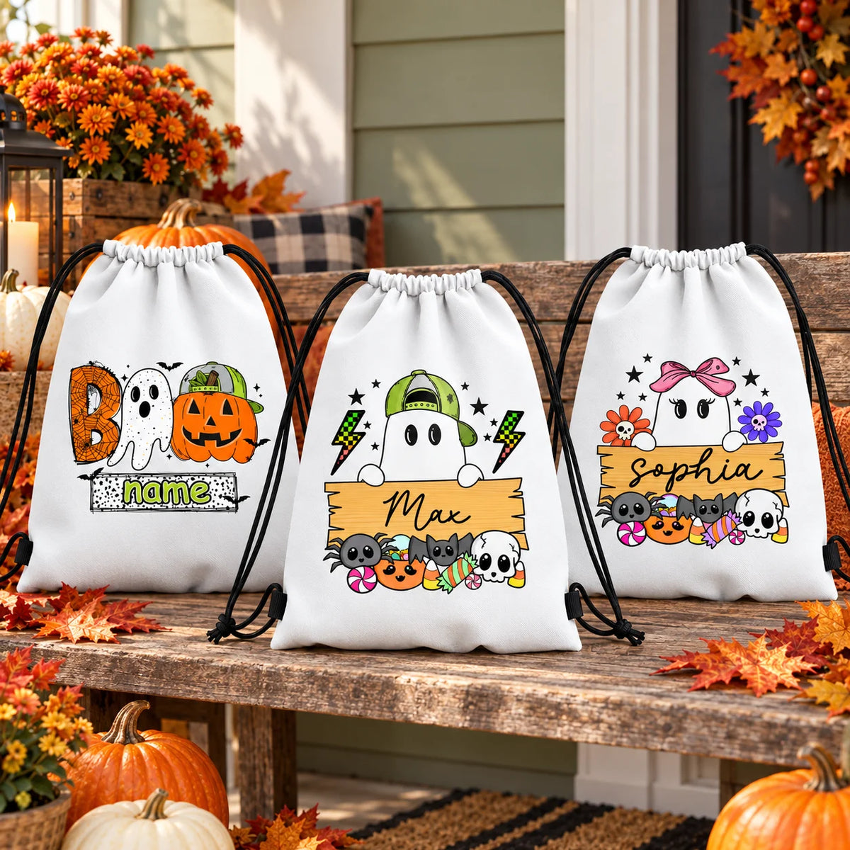 Custom Name Halloween Drawstring Backpack Cute Ghost Pumpkin Candy Bag Kids Trick Or Treat Sack Halloween Gift for Boys Girls