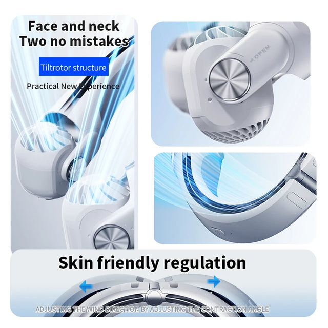 USB Rechargeable Neck Hanging Fan, Adjustable Bladeless Turbo Portable Cooling Fan, Rotor Design for Dorm Home Outdoor Travel