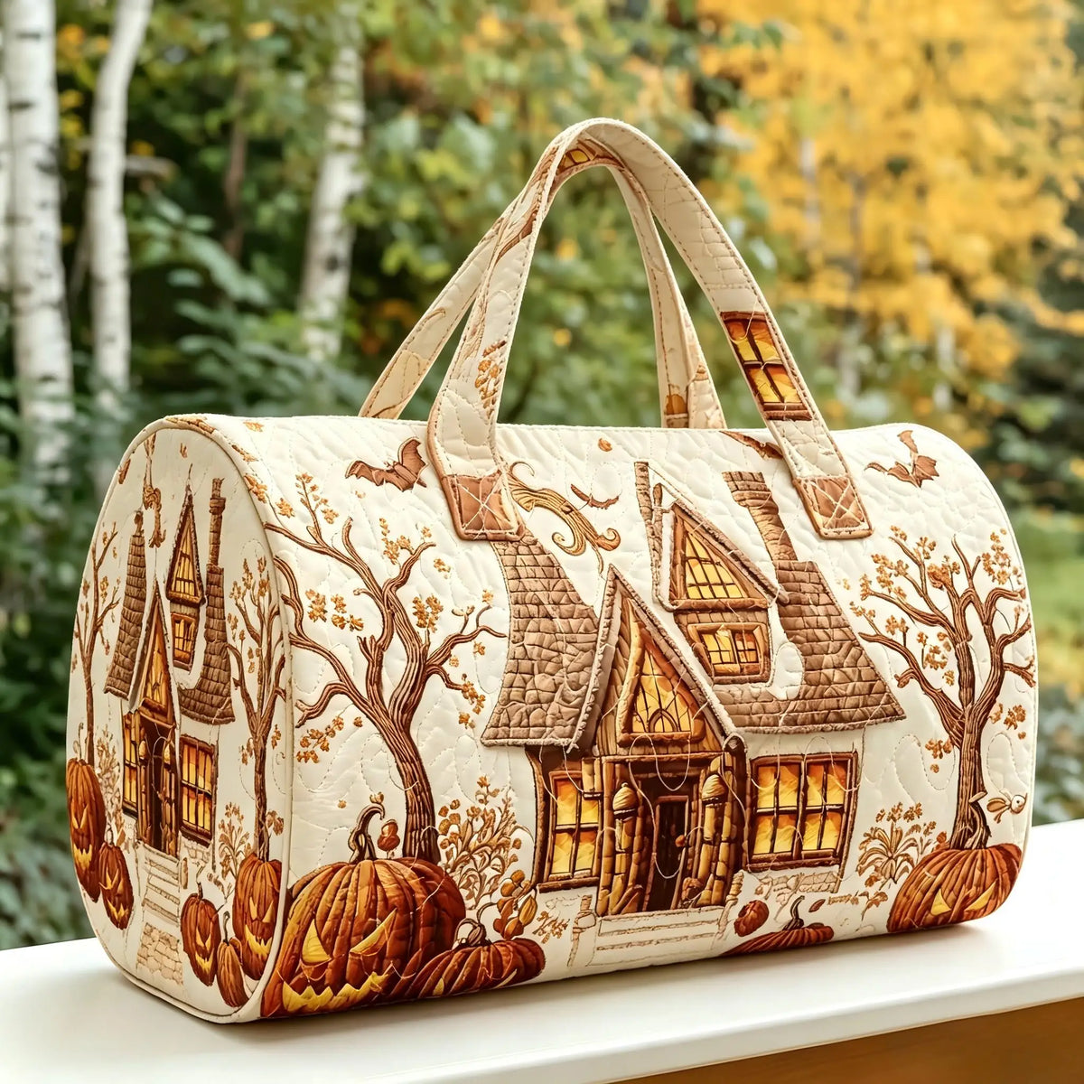 Halloween Quilted Luggage Bag Ghost Castle Weekend Bag Large Capacity Autumn Travel Gym Women's Overnight Short Trip Tote Bag