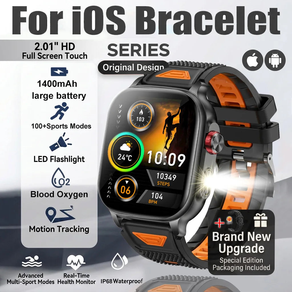 New1400mAh Large Battery Smart Watch 5ATM Waterproof LED Flashlight 100+ Sports Modes Heart Rate Fitness Tracker Men Smart Watch