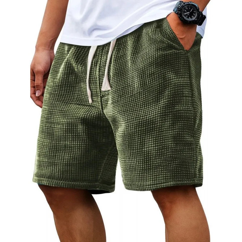 Men Waffle Plaid Casual Shorts Elastic Drawstring Loose Fit Summer Beach Walking Jogging Short PantsS-4XL