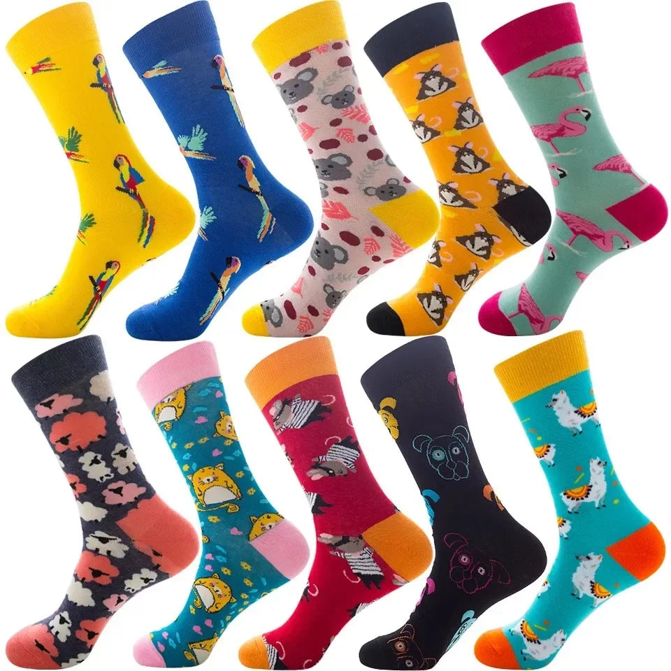 10 Pairs Lot Pack Men Women Couples Lover Socks New Arrival Rhombus Animal Christmas Cartoon Fruit Food Dot Cotton Happy Socks