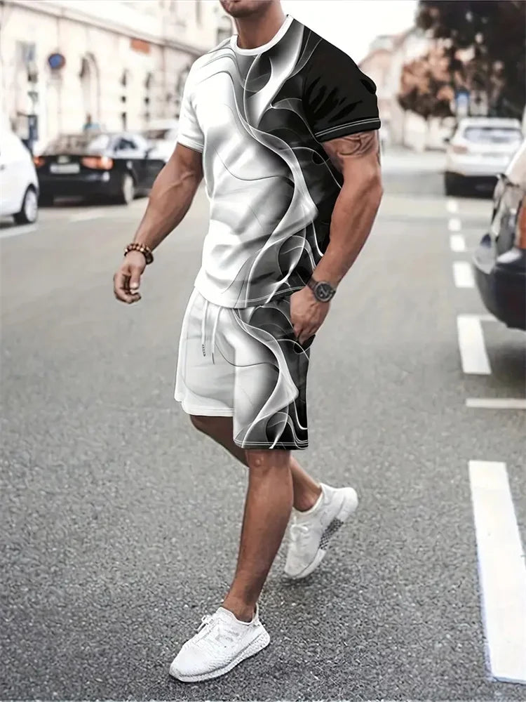 New Gradient Texture T-Shirt Men's Two-Piece Summer New Shorts Suit Fashion 3D Printing Street Casual Sportswear Men's Models