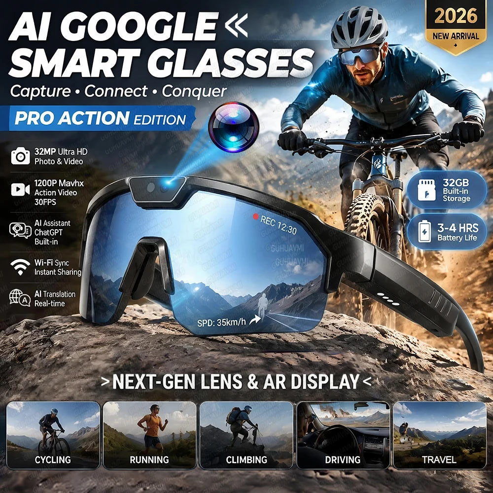2026 New AI Smart Sports Glasses with 30MP Camera 4K Anti-shake Bicycle Riding Shooting Artifact Dual Mic 32GB Windproof Goggles