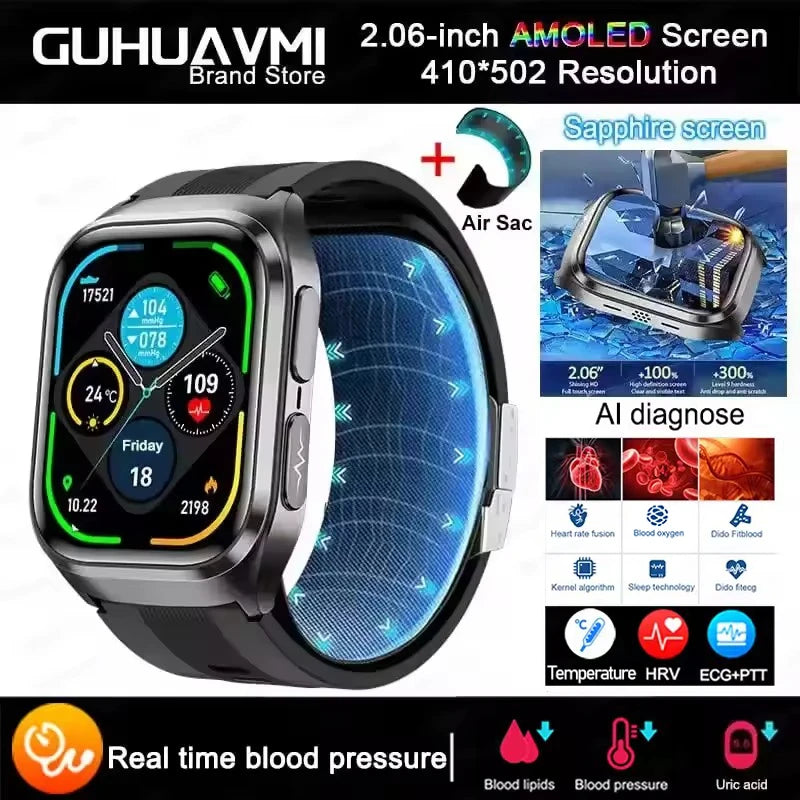 New ECG+PPG Nursing Grade Air Bag Smart Watch Men's Blood Fat Blood Pressure Voice Broadcast Health Smart Bracelet For Woman NFC