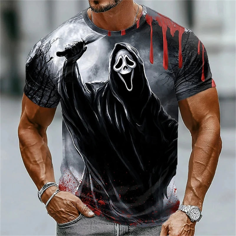 New Men's Halloween Crew-Neck Short-Sleeve T-Shirt Soldier Skull Blood Splatter Print Casual Streetwear Holiday Party Top