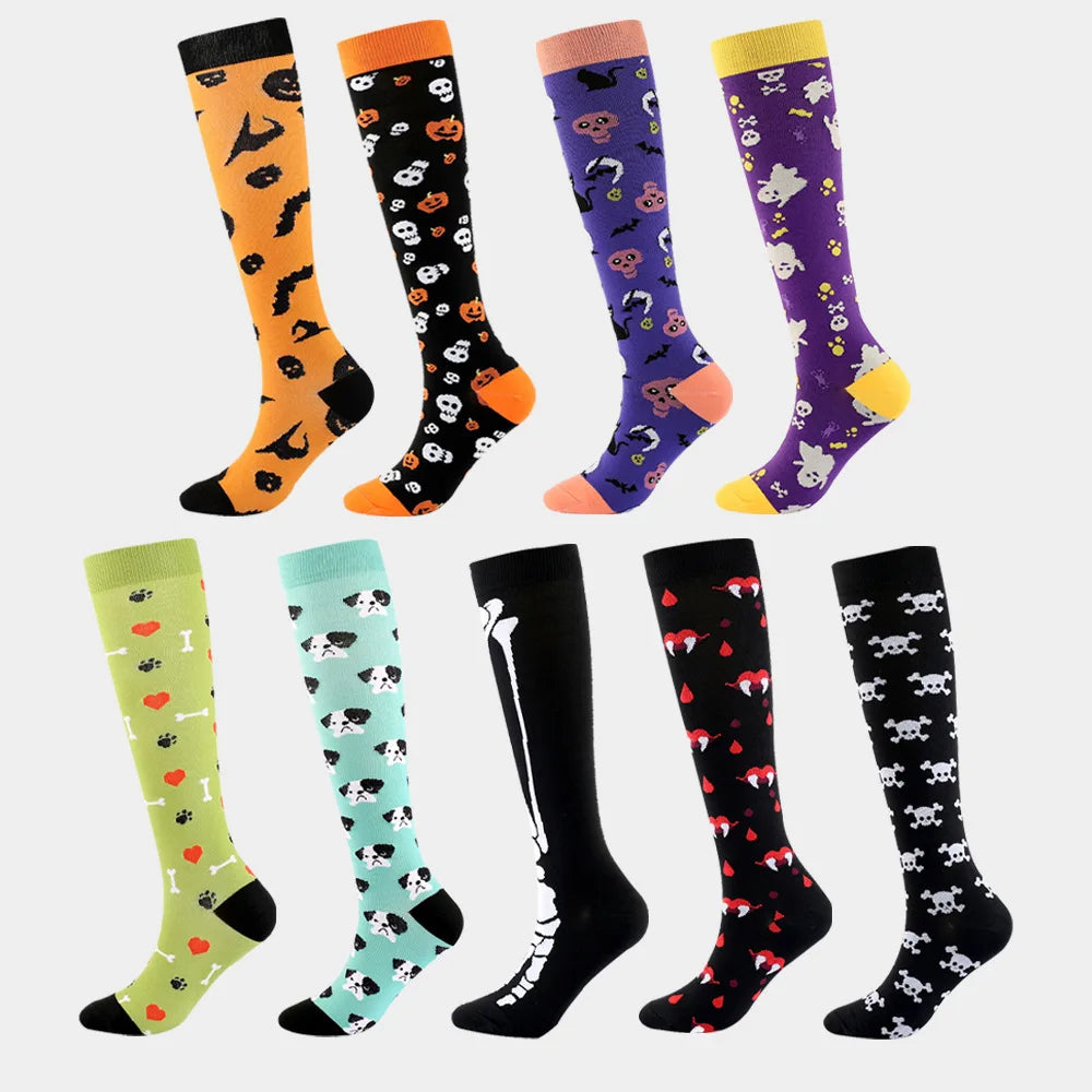 2 Pairs Funny Halloween Unisex Sports Compression Leg Socks Elastic Support Socks for Festival Daily Wear