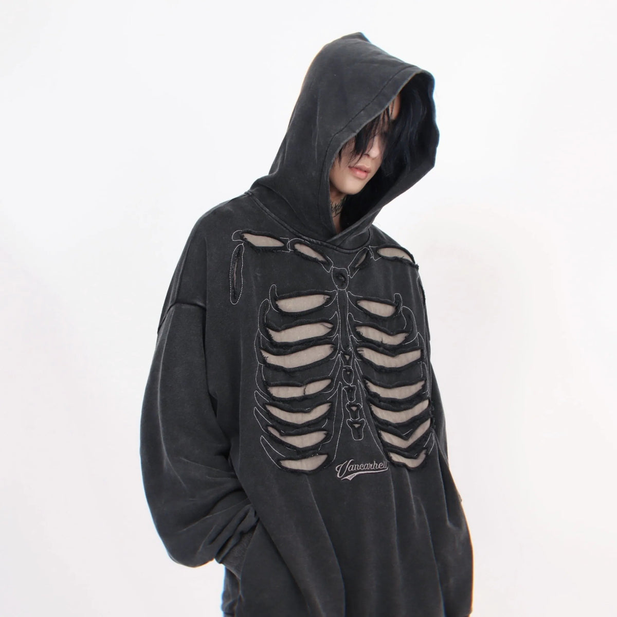 Autumn Winter Ripped Hole Skeleton Design Punk Hip Hop Hoodie Men Women High Street Vintage Oversize Hoodies