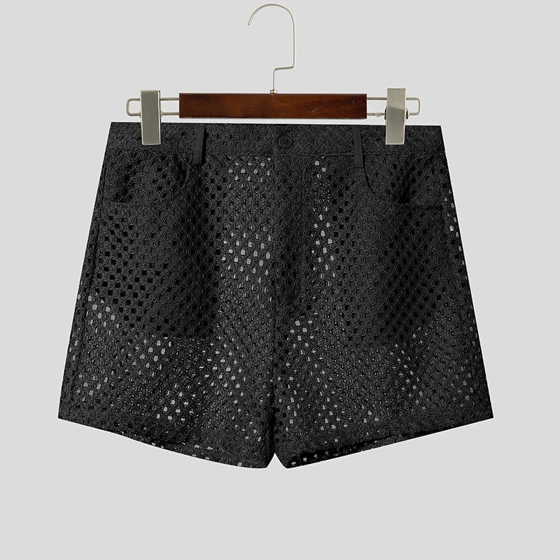 INCERUN Men's Shorts Solid Color Button Hollow Out Mesh See Through Men Bottoms Summer Streetwear Fashion Casual Shorts For Man