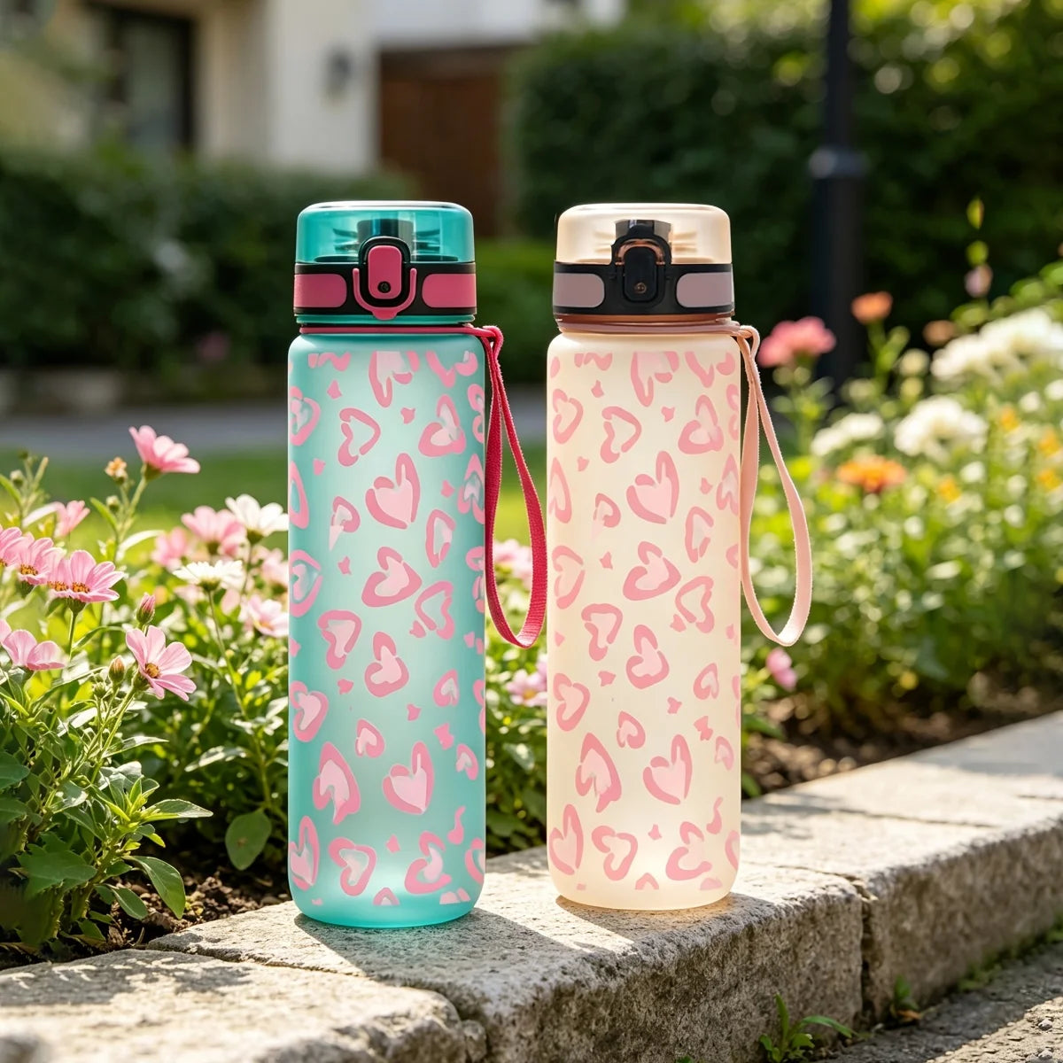 1Pc 750ml Heart Print Water Bottle, Leakproof Flip Top Sports Bottle with Lanyard, Portable Travel Gym Drinking Cup for Women Gi