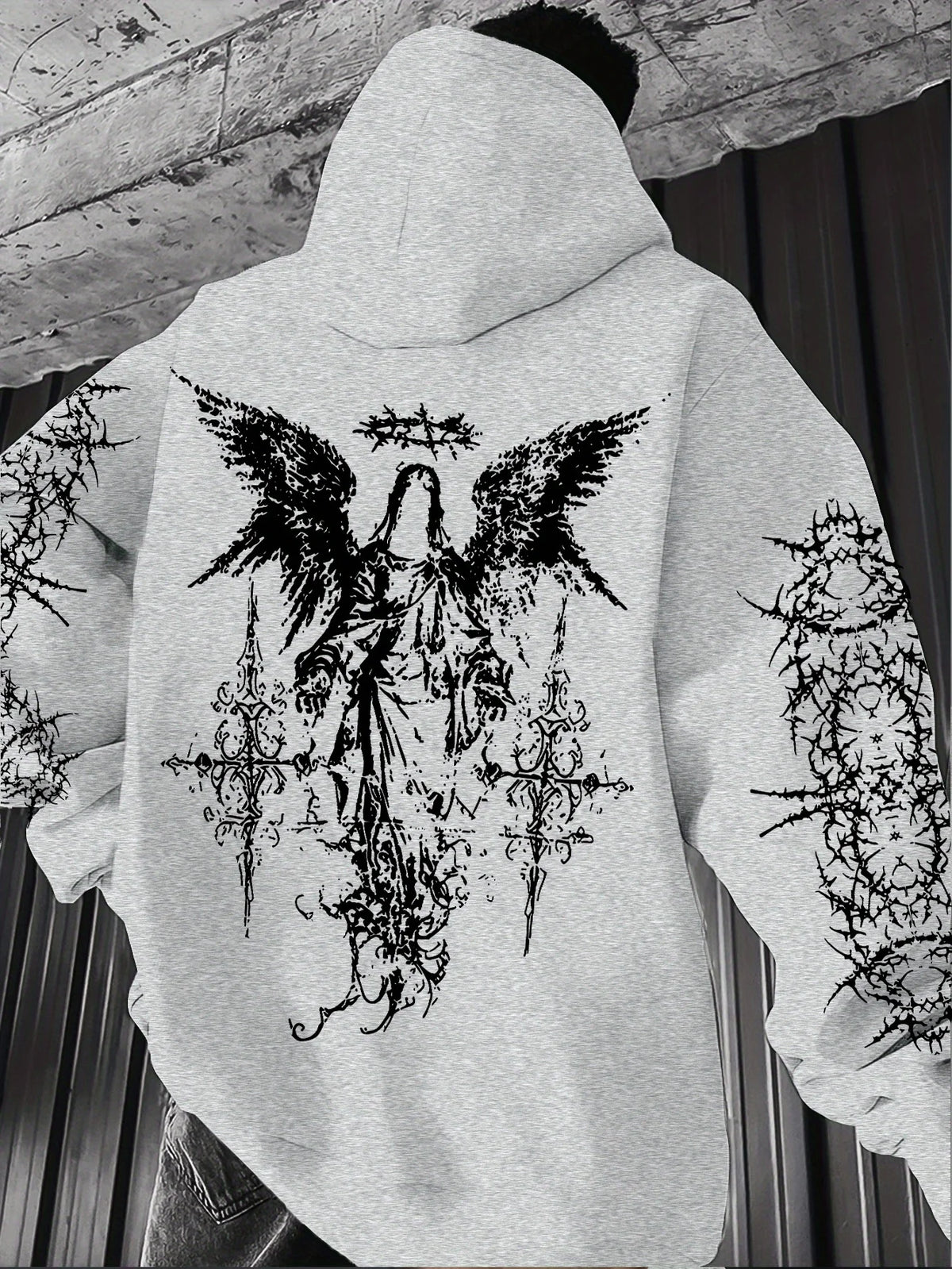 Men's Angel Element Graffiti Thorn Print Streetwear Hip Hoodie Punk Style Hoodie Regular Fit Outdoor Casual Long Sleeve Pullover
