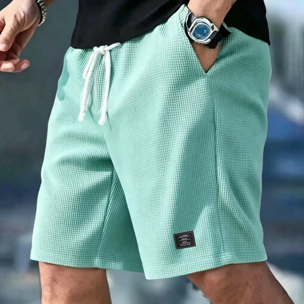 2026 Summer Men's Waffle Texture Casual Sports Beach Shorts Quick Dry Trendy Breathable Bermuda Shorts Streetwear  ﻿