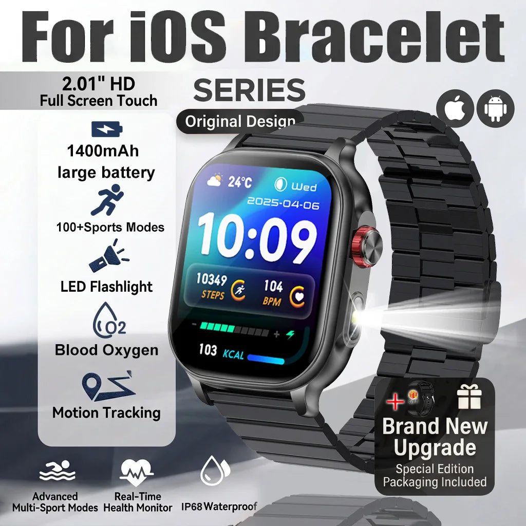New1400mAh Large Battery Smart Watch 5ATM Waterproof LED Flashlight 100+ Sports Modes Heart Rate Fitness Tracker Men Smart Watch