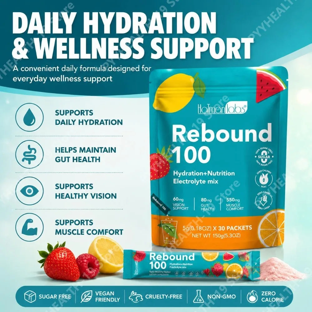 HalmanLabs Rebound 100 Electrolyte Mix Powder Packets Vitamins C B6 B12 Lutein For Hydration Gut Vision Muscle Adult 30 Count