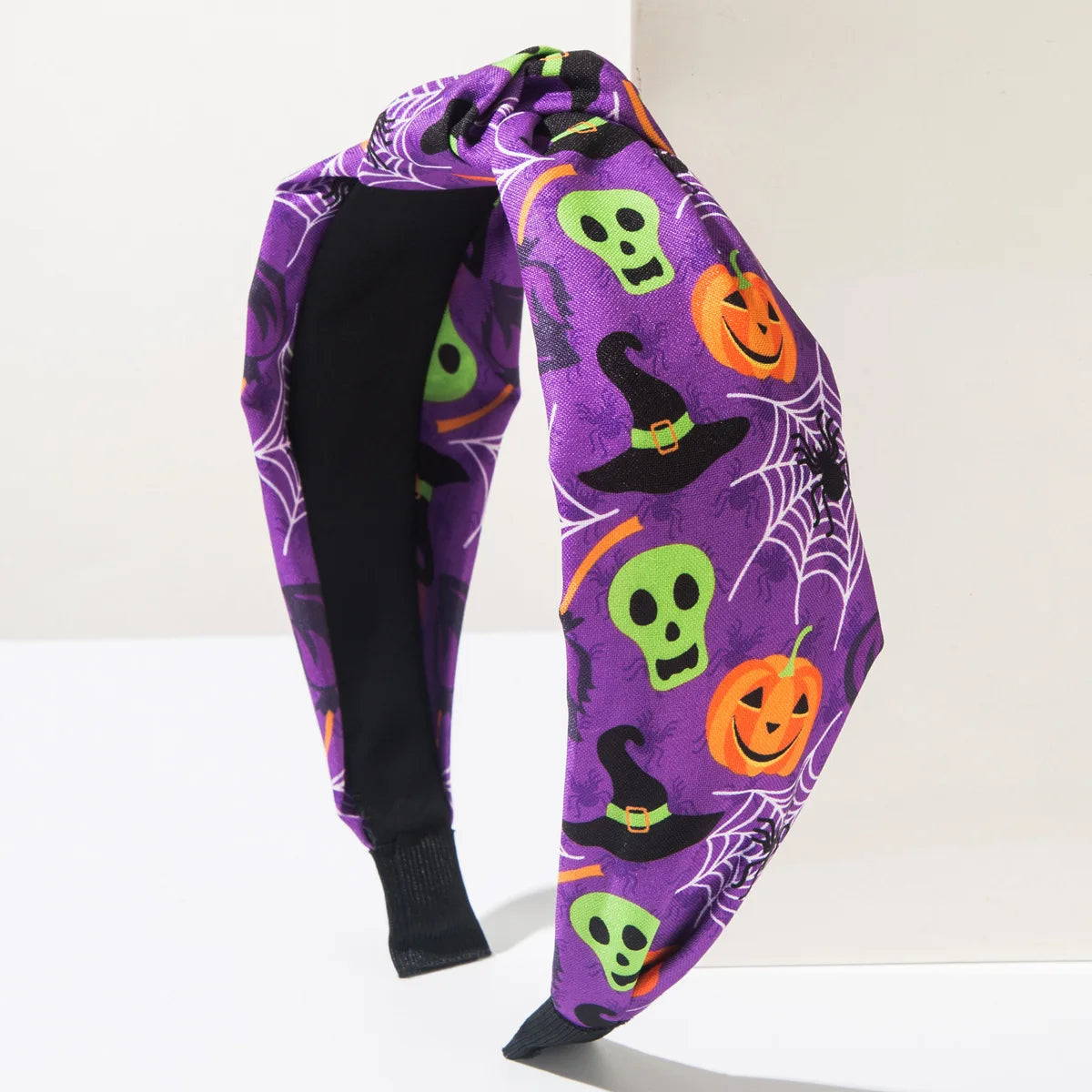 Women Halloween Cosplay Knotted Padded Headband Pumpkin Spider Bat Print Wide Hair Hoop Trick or Treat Hair Accessories